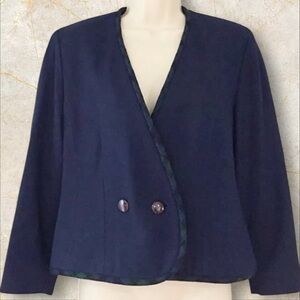 PENDLETON 100% Virgin Wool Petite Wrap Blazer – Navy with Tartan Trim – Size 6P